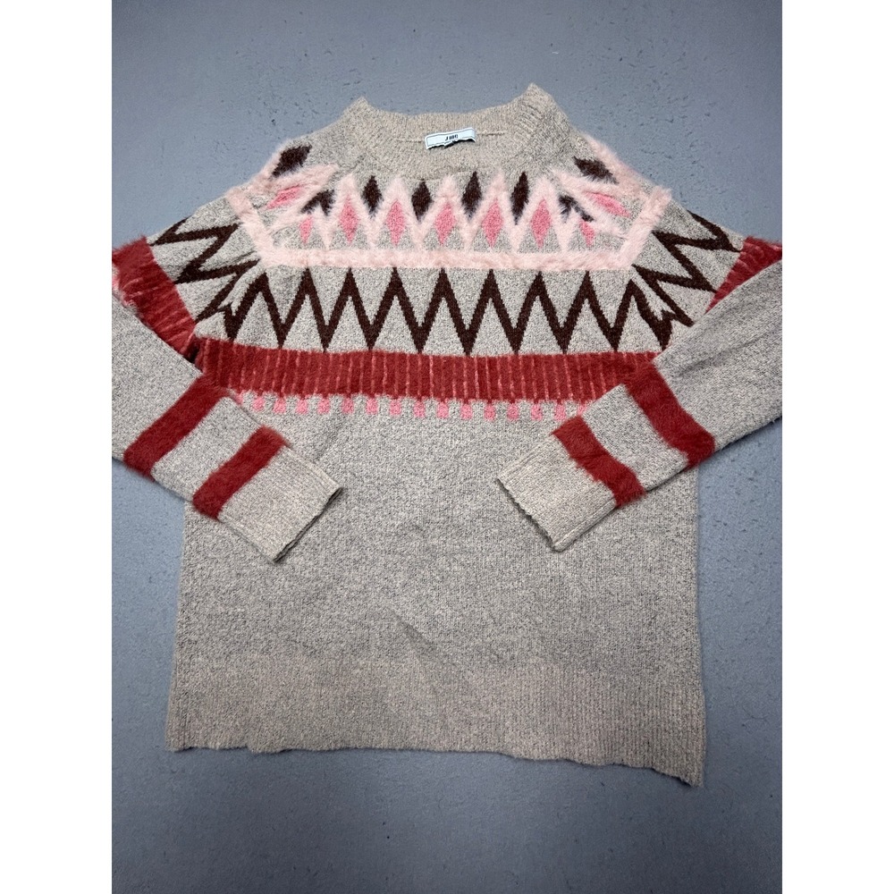 J.ING Sweater Knit Fair Isle Gray Pink Red Medium Womens